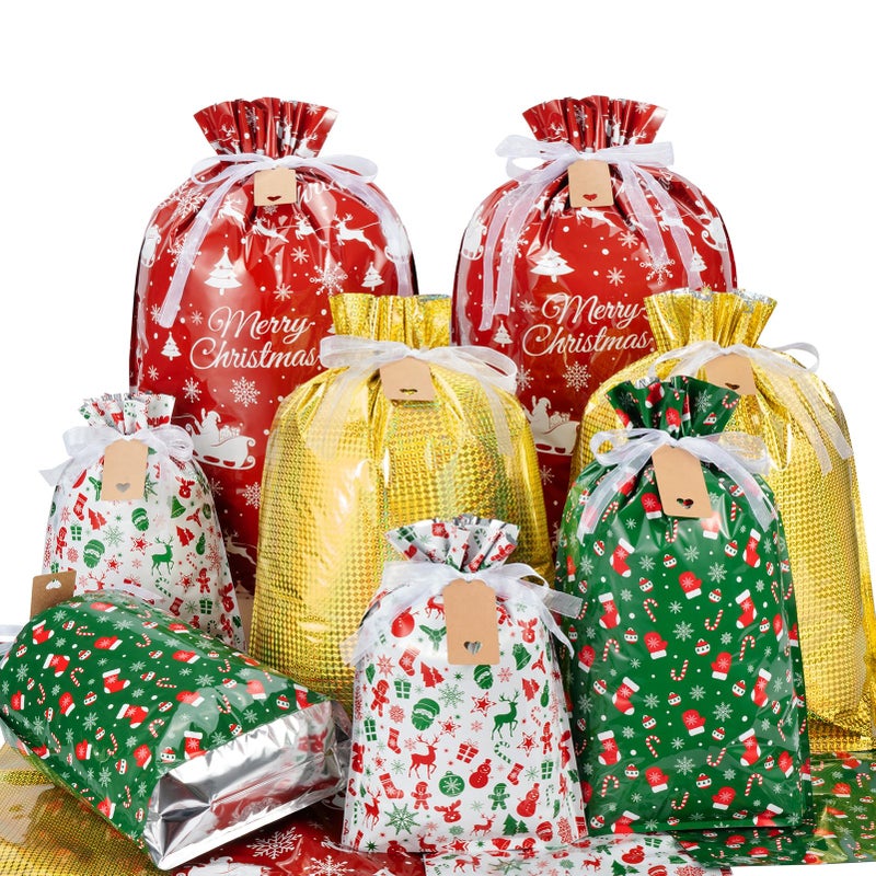 Asoulin Christmas Drawstring Gift Bags with Tags 32 PCS Stand Up Gift Bags Assorted Sizes Large Medium Small Foil Gift Wrapping Bags for Birthday Goodies Xmas Holiday Party Decoration Supplies